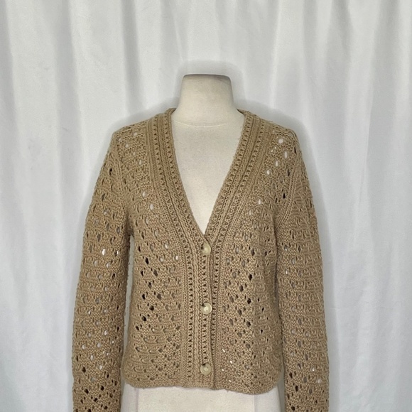 VINCE Crochet Cardigan Sweater Cashmere Wool Amber Light Cropped Knitwear Small - Picture 4 of 15